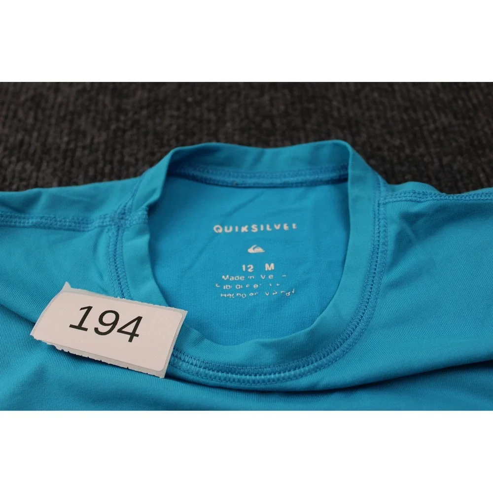 Quiksilver Boys Cyan Blue Short Sleeve Rash Guard Swim Shirt Size 12 M Logo